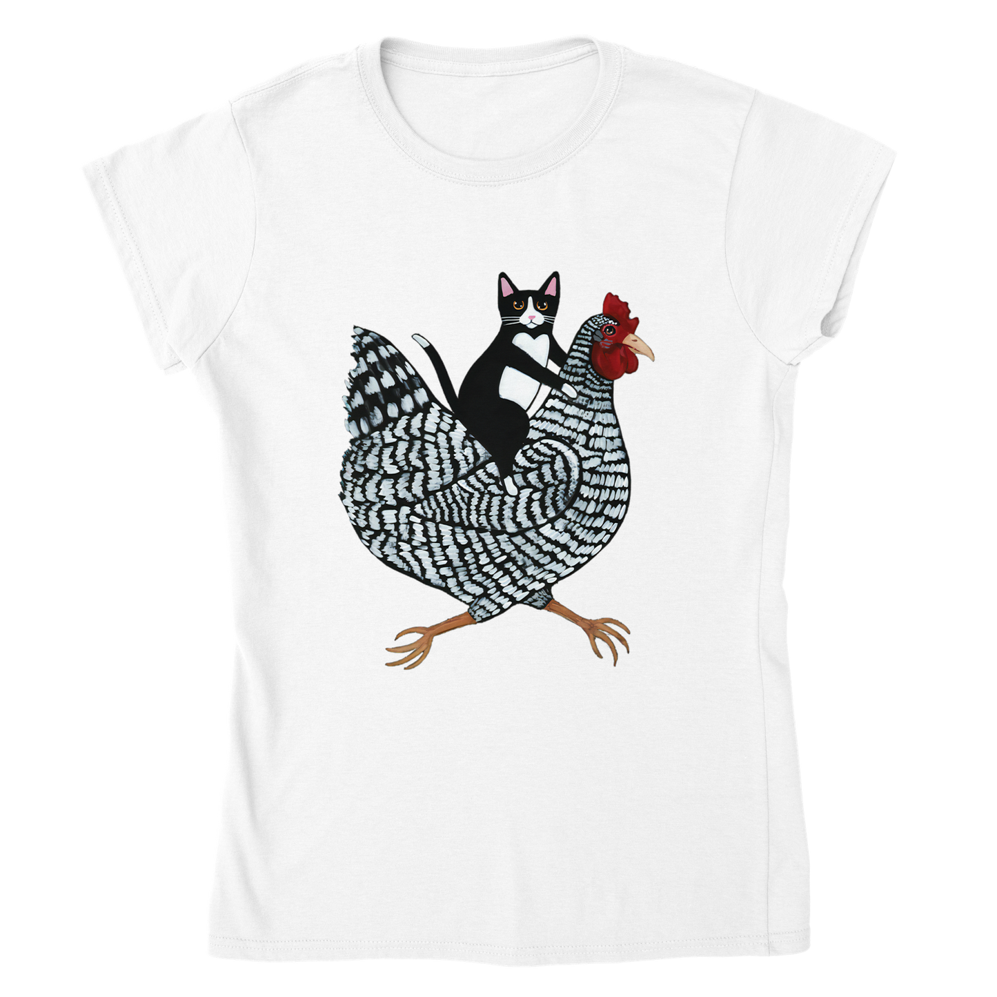 Katze reitet Huhn Damen T-Shirt – Ein humorvolles T-Shirt für Tierfreunde