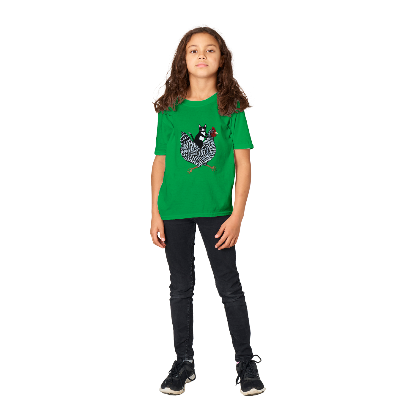 Katze reitet Huhn Kinder T-Shirt