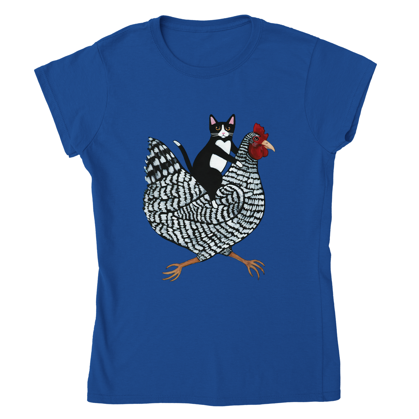 Katze reitet Huhn Damen T-Shirt – Ein humorvolles T-Shirt für Tierfreunde
