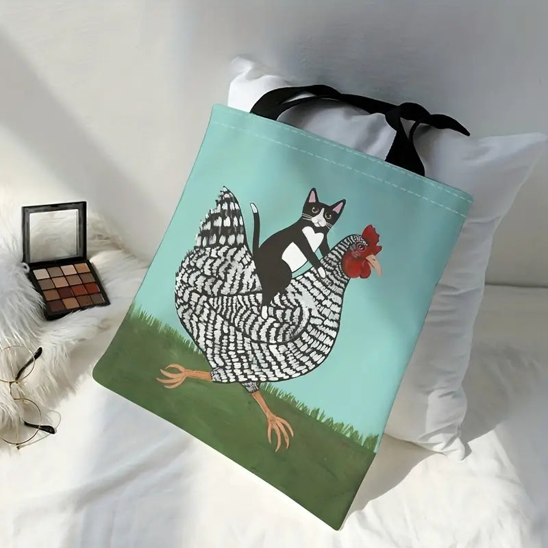 Katze reitet Huhn Tragetasche – Lustige Henkeltasche für Tierfreunde