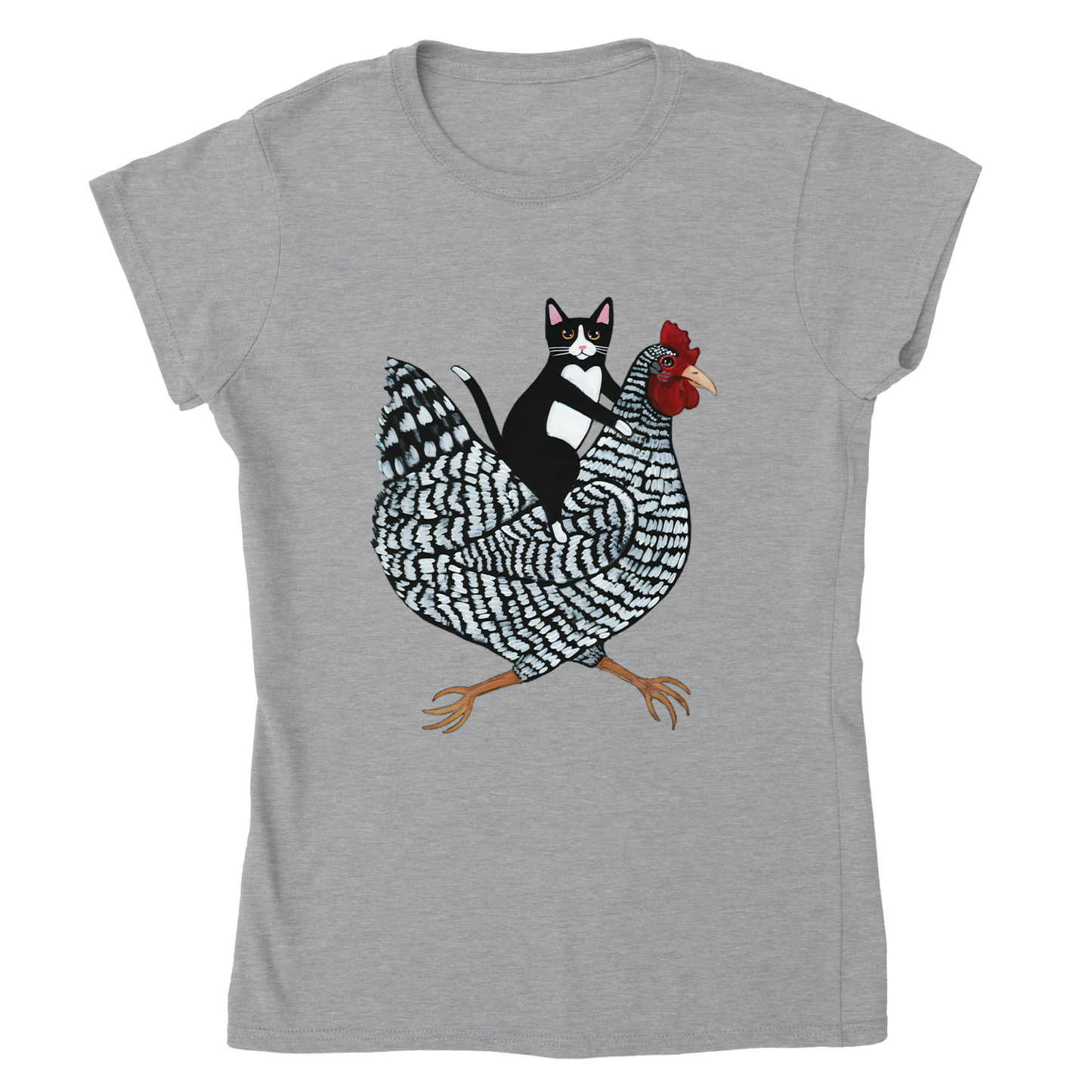 Katze reitet Huhn Damen T-Shirt – Ein humorvolles T-Shirt für Tierfreunde