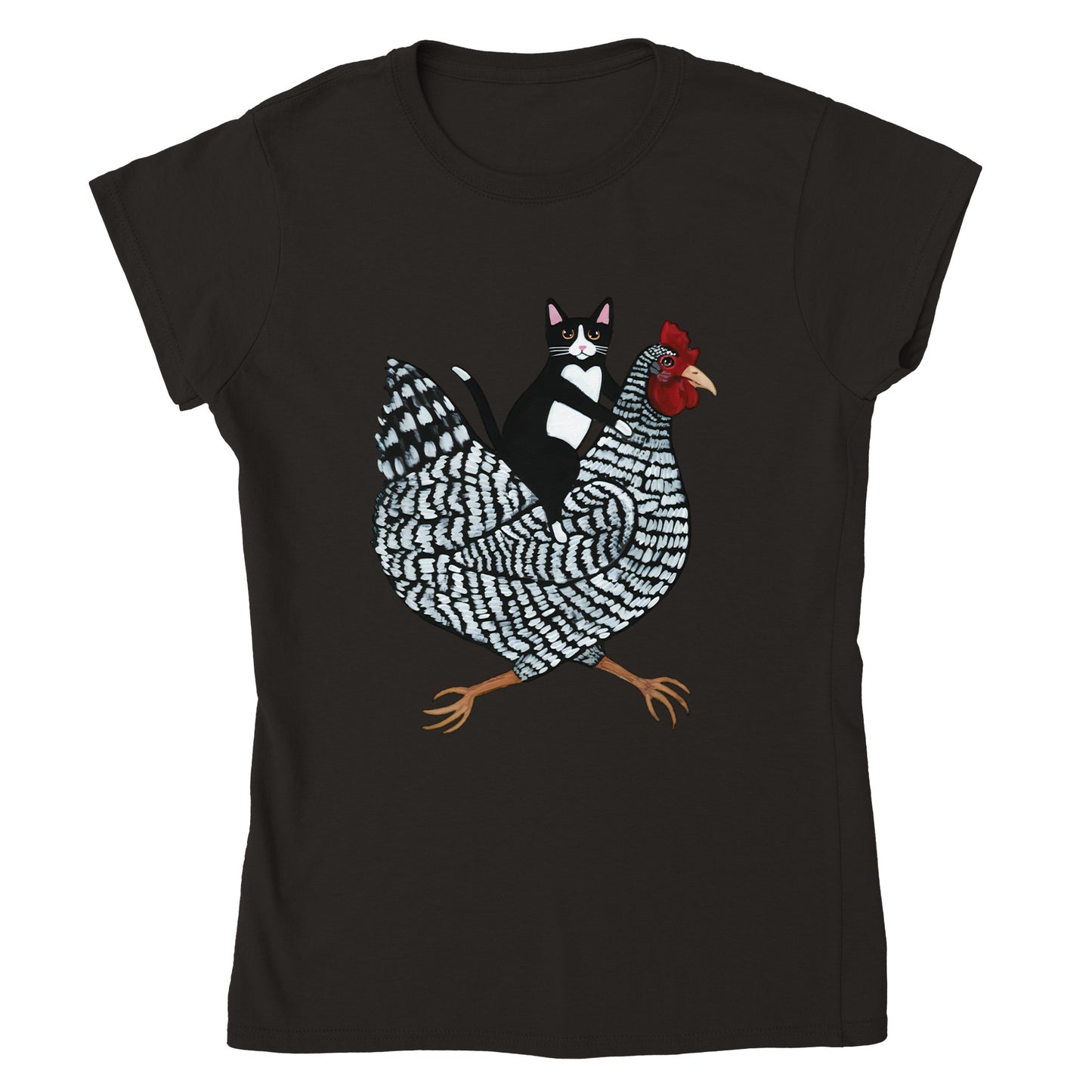 Katze reitet Huhn Damen T-Shirt – Ein humorvolles T-Shirt für Tierfreunde